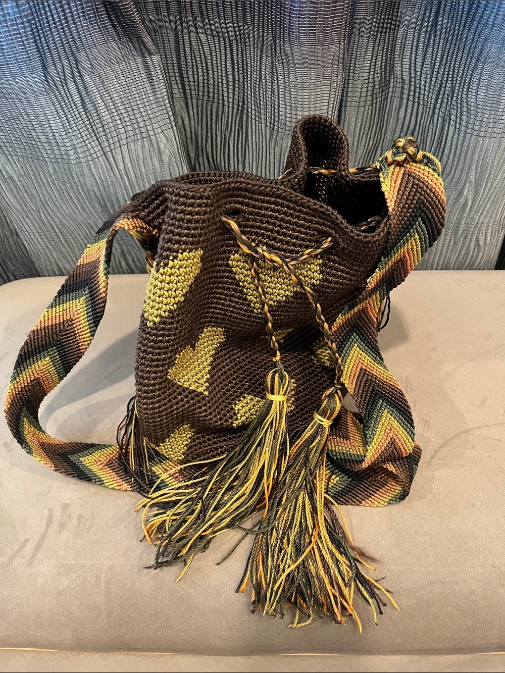 Artisan Crochet Chocolate Brown & Yellow Heart Pattern Crossbody Bag